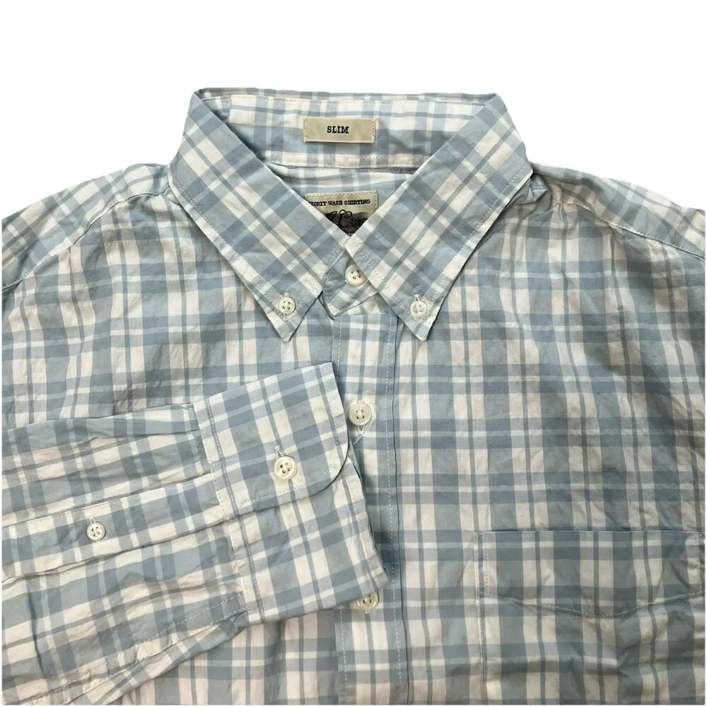 J Crew Secret Wash Slim Blue Plaid Button Up Shirt Mens S Cotton Summer Preppy